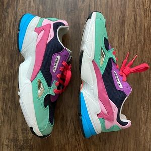 Adidas Falcon green and purple sneakers women’s 8 like new